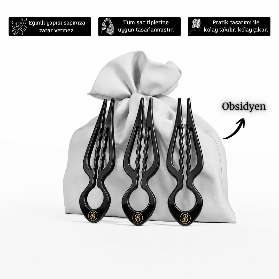 3'lü Kemik Fransız Toka (Obsidyen)