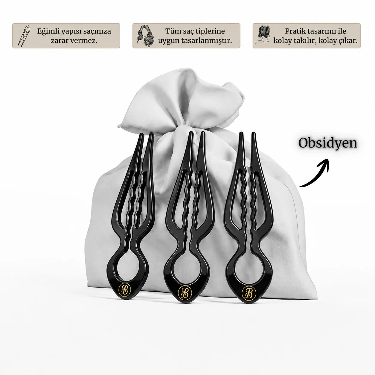 3'lü Zarafet Saç Tokası (Obsidyen)